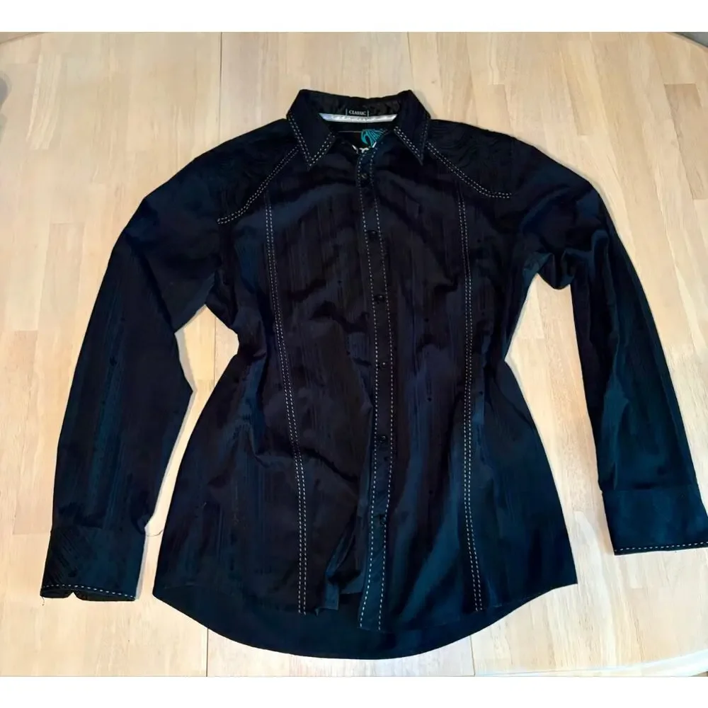 Roar Embroidered Wings Button Down Shirt Black Western Y2K Cyber Grunge Rocker⁠